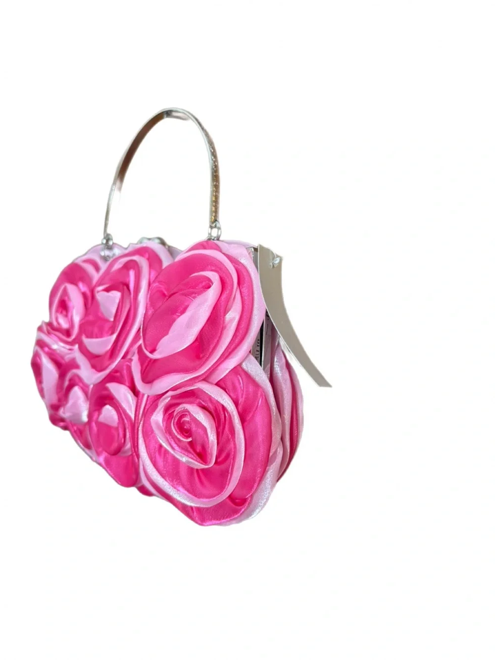 Helen Heart Pink Rosette Formal Evening Bag NWT Silver Handle Chain Strap - Picture 6 of 8